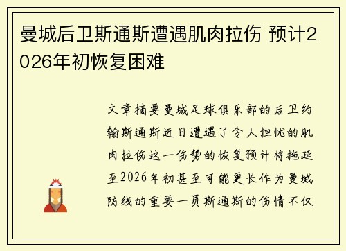 曼城后卫斯通斯遭遇肌肉拉伤 预计2026年初恢复困难