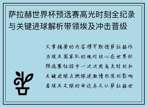 萨拉赫世界杯预选赛高光时刻全纪录与关键进球解析带领埃及冲击晋级